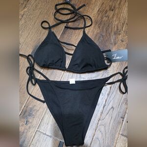 NWT Black Ribbed Tie-Strap Bikini Set